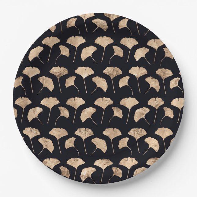 Assiettes En Carton Rose or ginko feuille noir arrière - plan (Devant)
