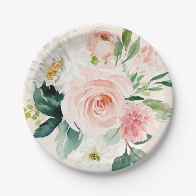 Assiettes En Carton Rose Pâle Fleur Aquarelle Pêche Élégante (Devant)