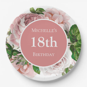 Assiettes En Carton Rose Pâle Floral Vintage Végétation 18e Anniversai