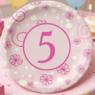 Assiettes En Carton Rose Pâle Illustré Tourbillons de Fleurs Enfants