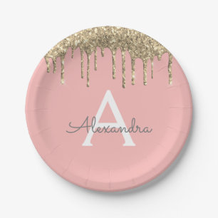 Assiettes En Carton Rose Pâle Or Pailleté Anniversaire Monogramme