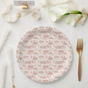 Assiettes En Carton Rose Pâle Village Anglais Mariage Aquarelle