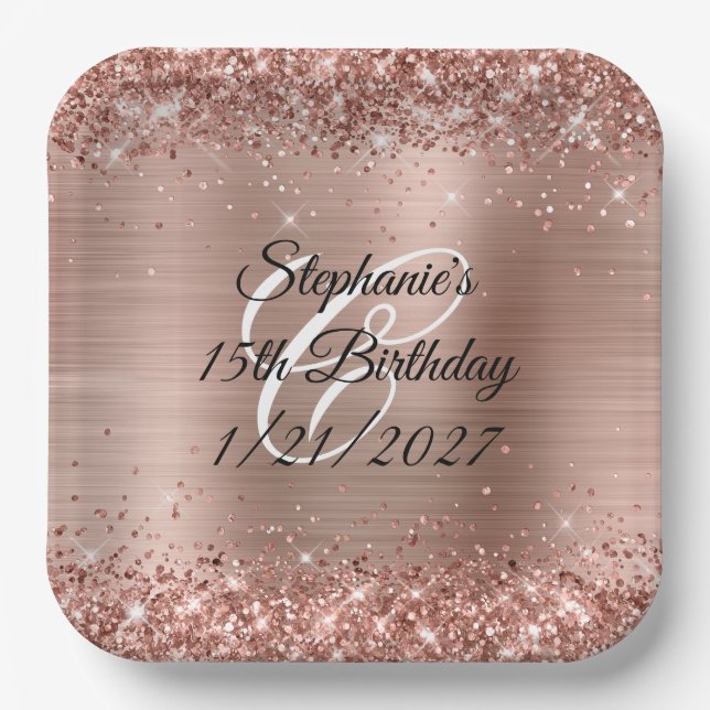Assiettes En Carton Rose Parties scintillant d'or et Foil 15e annivers (Recto)