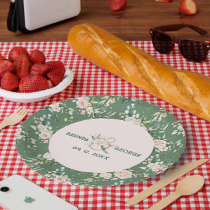 Assiettes En Carton Rose pastel aquarelles motif sur vert