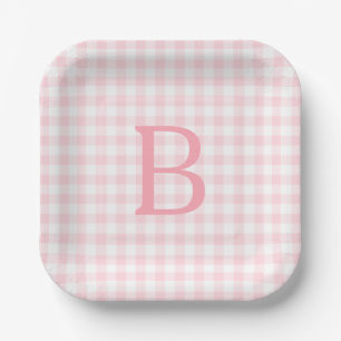 Assiettes En Carton Rose pastel et blanc Gingham Monogrammé