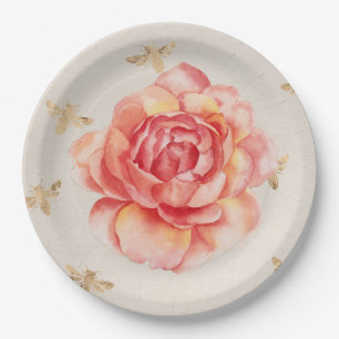 Assiettes En Carton Rose peint à la main ou pivoine avec des abeilles