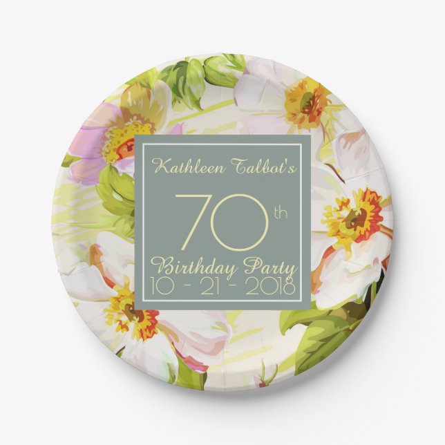 Assiettes En Carton Rose Peonies 70e Anniversaire de papier de fête (Devant)