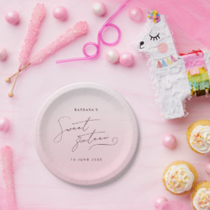 Assiettes En Carton Rose Poudré Élégant en Ombre Script pour un Sweet 