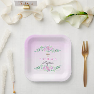 Assiettes En Carton Rose Poudrée Aquarelle Ombré Croix Baptême Personn