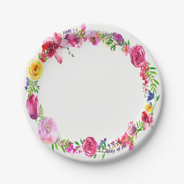 Assiettes En Carton Rose Purple Vert Fleurs Printemps Floral Moderne (Devant)