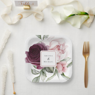 Assiettes En Carton Rose romantique Aquarelle Mariage botanique