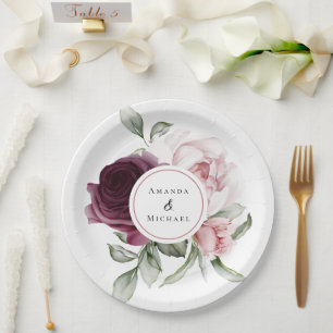 Assiettes En Carton Rose romantique Aquarelle Mariage botanique
