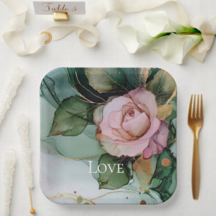 Assiettes En Carton Rose romantique Blanc rose or Floral Mariage d'amo