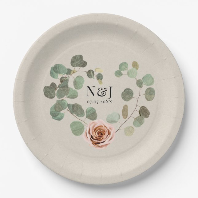 Assiettes En Carton Rose rose et Eucalyptus Coeur Rustique Mariage (Devant)