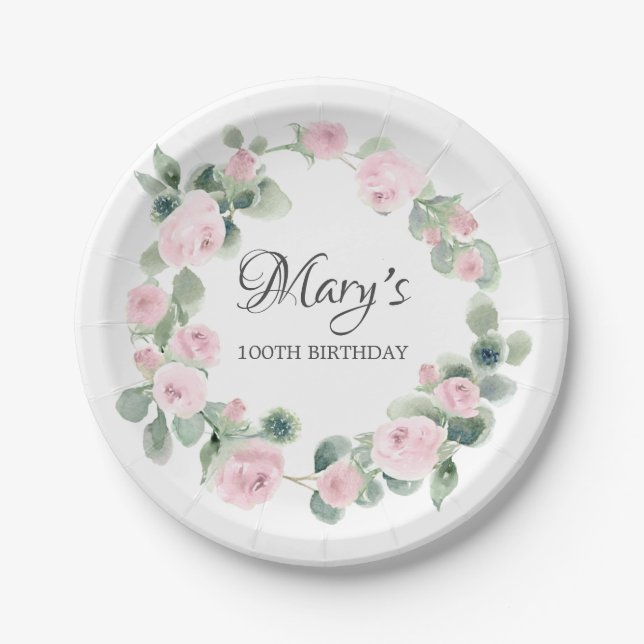 Assiettes En Carton Rose rose Eucalyptus 100E Plaque Papier Anniversai (Devant)