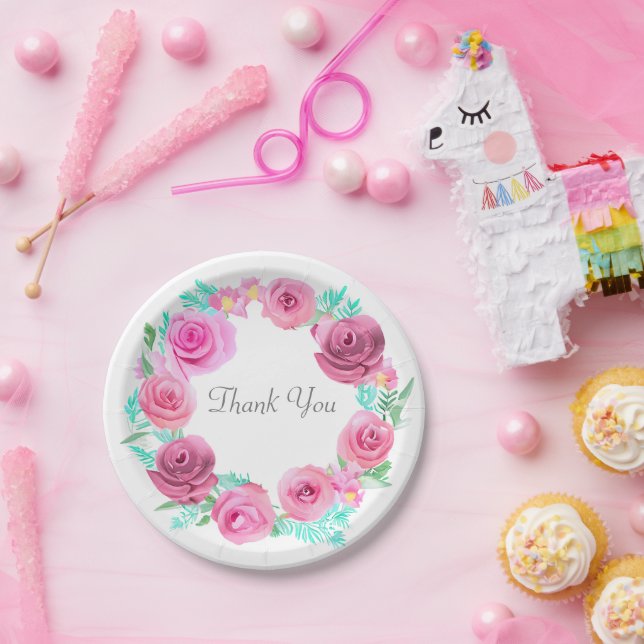 Assiettes En Carton Rose rose Fleur couronne (Fête)