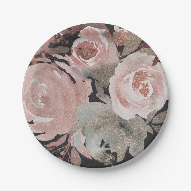 Assiettes En Carton Rose Rose Glitter Roses Dark Floral Glam Elegant (Devant)