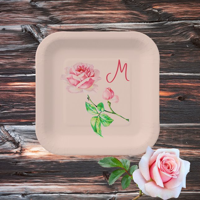 Assiettes En Carton Rose rose vintage -monogrammed (Créateur téléchargé)
