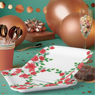 Assiettes En Carton Rose rouge avec pétales détaillés, représenté dans