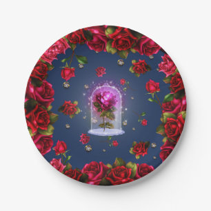 Assiettes En Carton Rose rouge enchantée et Bling de diamants Fête élé