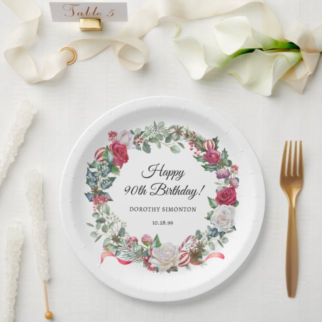 Assiettes En Carton Rose rouge et Holly 90e anniversaire Elegant (Mariage)