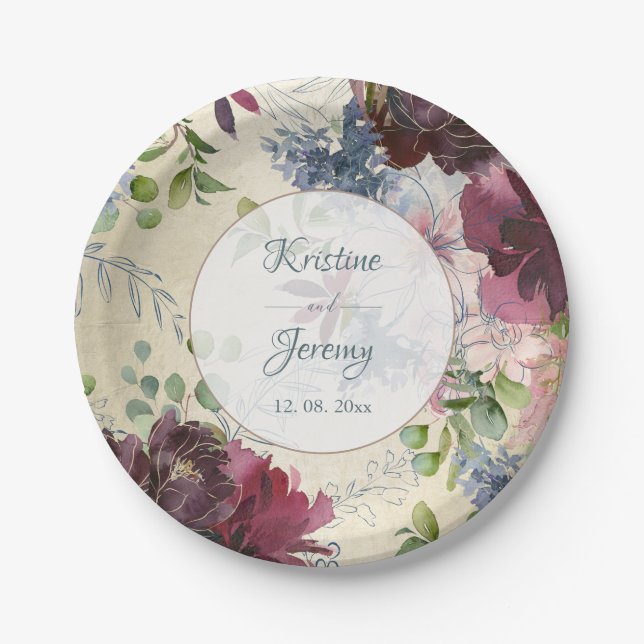 Assiettes En Carton Rose rouge florale chic aquarelle or (Devant)