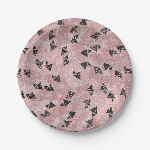 Assiettes En Carton Rose Rouge Gênée Motif Triangles Or et Noir