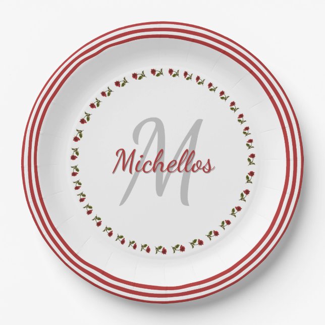 Assiettes En Carton Rose rouge photo florale - Initiale & Nom (Devant)