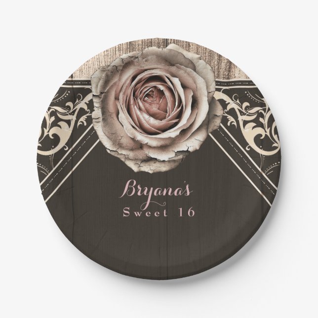Assiettes En Carton Rose rustique Élégant de bois clair Diamant Party (Devant)