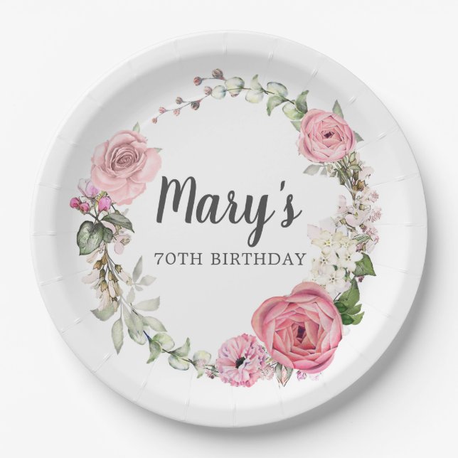 Assiettes En Carton Rose Rustique Floral 70e Anniversaire Plaque de pa (Devant)