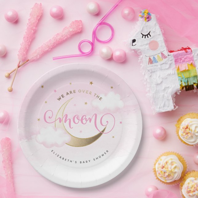 Assiettes En Carton Rose sur les plaques de papier lune (Fête)