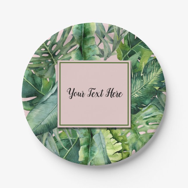 Assiettes En Carton Rose & Vert Tropical Feuilles Sweet 16 Party (Devant)