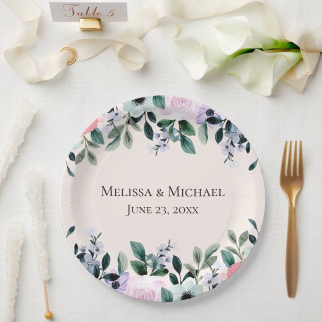 Assiettes En Carton Rose violet et vert Aquarelle Mariage Floral (Mariage)