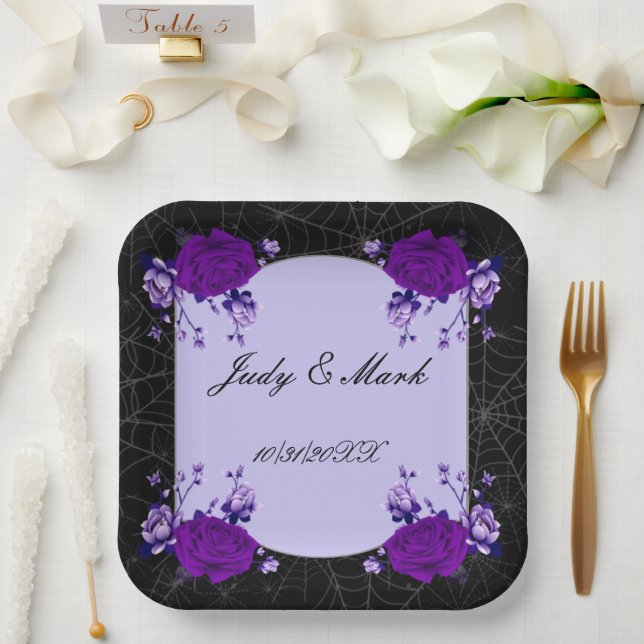 Assiettes En Carton Rose violet Floral Spiderweb Mariage de automne (Mariage)
