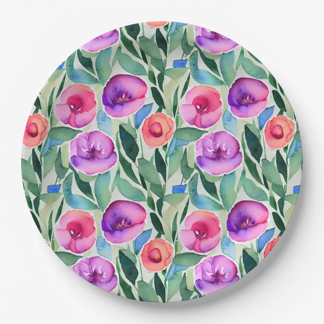 Assiettes En Carton Rose, Violet, Vert Aquarelle Fleurs (Devant)