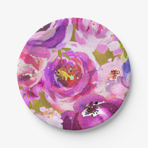 Assiettes En Carton Roseaux de rose or et violet moderne floral chic t