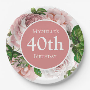 Assiettes En Carton Rosée Vintage Flore verte 40e anniversaire