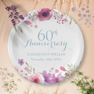 Assiettes En Carton Roses aquarelles de verdure pour le 60e anniversai