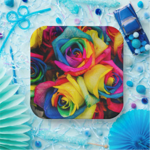 Assiettes En Carton Roses arc-en-ciel