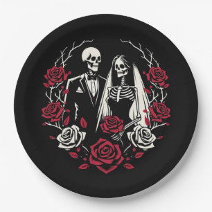 Assiettes En Carton Roses blanc rouge et noir squelette Mariage couple