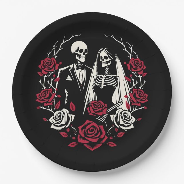Assiettes En Carton Roses blanc rouge et noir squelette Mariage couple (Devant)