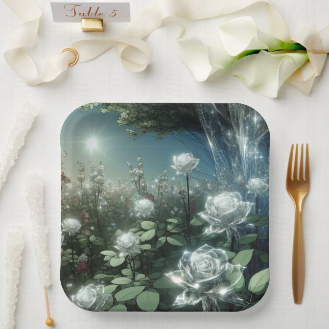 Assiettes En Carton Roses Blanches Dans Le Jardin Magique (Mariage)