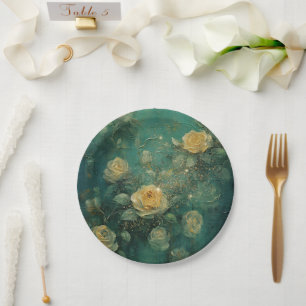 Assiettes En Carton Roses blanches Or antique Vintage Romantique Vert 