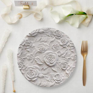 Assiettes En Carton Roses blanches romantiques Faux Mariage en cuir