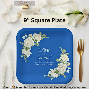Assiettes En Carton Roses bleu et blanc Cobalt Carré 9"