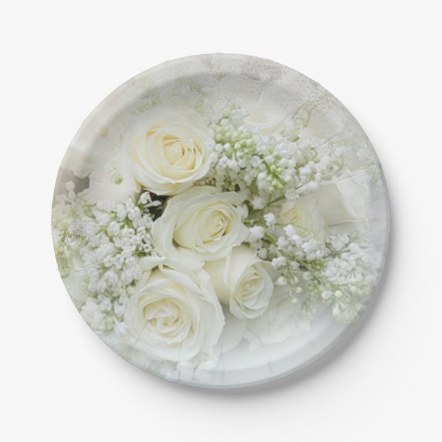 Assiettes En Carton Roses crème blanche, fleurs de gypsophile (Devant)