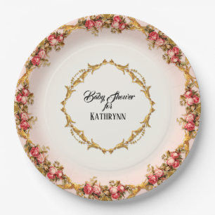 Assiettes En Carton Roses de Baby shower vintage en scrolls baroques