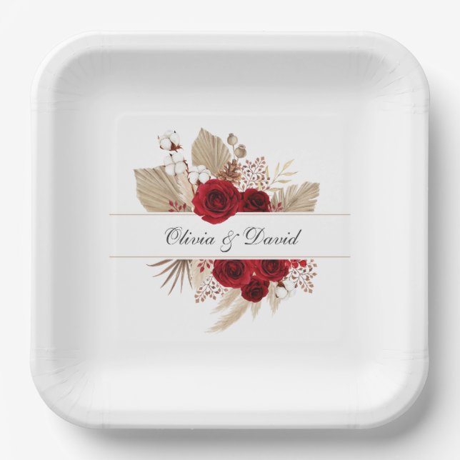 Assiettes En Carton Roses de Bourgogne et Mariage d'herbe Pampas (Recto)