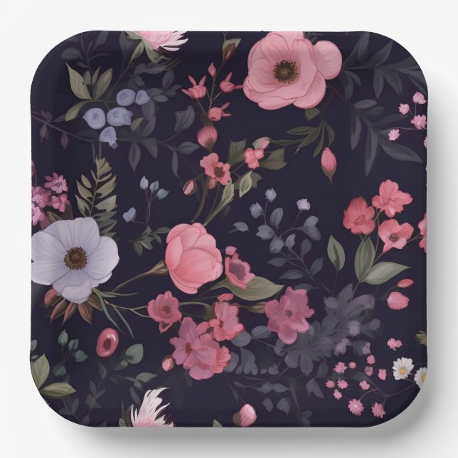 Assiettes En Carton Roses d'été en noir (Recto)