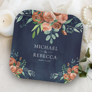 Assiettes En Carton Roses en terre cuite orange brûlé Mariage Navy